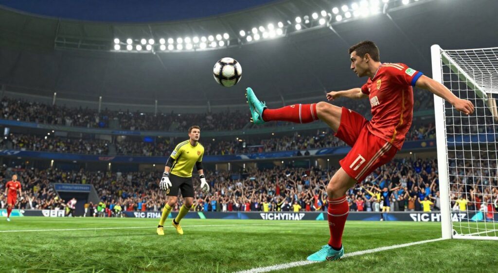 A dynamic soccer scene capturing a player taking a powerful free kick in FIFA 17. In the foreground, the athlete is in a focused stance, wearing a vibrant jersey and shorts, his leg raised just before striking the ball. The ball is depicted in mid-air, curving towards the goal, showcasing the precision of a skilled free-kick specialist. In the middle ground, a tense goalkeeper leaps in an attempt to save the shot, fully dressed in goalkeeper gear. The background features a lively stadium filled with cheering fans, illuminated by bright floodlights that create an exhilarating atmosphere. The image should reflect the thrill of scoring a direct free kick, capturing the excitement and intensity of the moment.