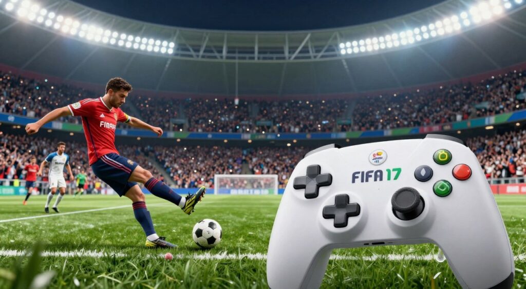 A highly detailed illustration showcasing a FIFA 17 gaming controller prominently in the foreground, emphasizing the unique buttons and analog sticks used for executing free kicks. The middle ground features an intense action scene on a vibrant soccer field, with digital players in realistic FIFA uniforms poised to take a free kick. The background captures a lively stadium filled with cheering fans under bright stadium lights, creating an electrifying atmosphere. The image should be shot at a dynamic angle, highlighting the controller in use. The lighting is bright and focused, conveying excitement and energy. The overall mood reflects the thrill of mastering free kick techniques in FIFA 17.