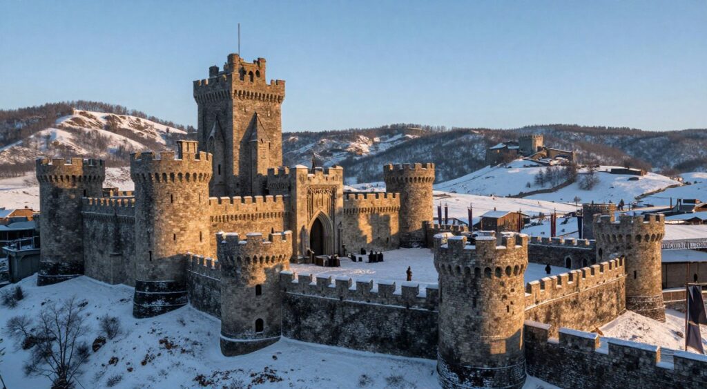 A majestic view of Winterfell, the ancestral home of House Stark, set against a wintery landscape. In the foreground, the stone walls and towers of Winterfell are illuminated by the soft, golden glow of a low winter sun, casting long shadows on the snow-covered ground. The middle ground captures the sprawling courtyard, populated by banners fluttering in the cold breeze, while a faint hint of activity suggests the bustling life within the castle. In the background, steep hills surround the fortress, blanketed in a thick layer of snow under a clear, azure sky. The mood is serene yet foreboding, evoking the rich history and untold stories of the Stark family. Use a wide-angle lens to enhance the grandeur of the scene, focusing on capturing the intricate details of the architecture.