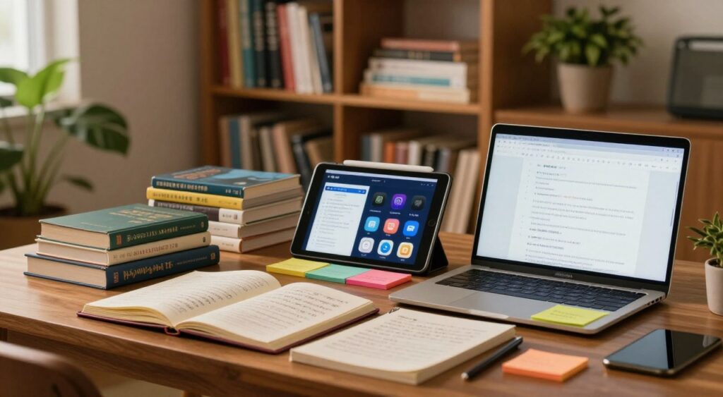 A serene study space showcasing essential tools for translating and interpreting BTS lyrics. In the foreground, a polished wooden desk cluttered with open notebooks filled with song notes, a laptop displaying a translation website, and colorful sticky notes. The middle ground features a stack of bilingual dictionaries and language learning apps on a tablet, all arranged harmoniously. The background presents a softly illuminated bookshelf filled with volumes on lyrical analysis and Korean language guides, framed by potted plants to add warmth. The lighting is warm and inviting, creating a focused atmosphere, with a shallow depth of field that highlights the desk's items while softly blurring the shelves behind. A serene study space showcasing essential tools for translating and interpreting BTS lyrics. In the foreground, a polished wooden desk cluttered with open notebooks filled with song notes, a laptop displaying a translation website, and colorful sticky notes. The middle ground features a stack of bilingual dictionaries and language learning apps on a tablet, all arranged harmoniously. The background presents a softly illuminated bookshelf filled with volumes on lyrical analysis and Korean language guides, framed by potted plants to add warmth. The lighting is warm and inviting, creating a focused atmosphere, with a shallow depth of field that highlights the desk's items while softly blurring the shelves behind.