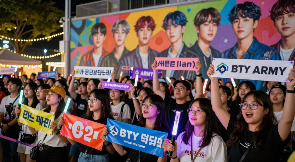 A vibrant and dynamic scene depicting a diverse group of ARMY fans from around the world, joyously celebrating their support for BTS. In the foreground, fans are holding colorful banners and light sticks, adorned in BTS merchandise, showcasing their dedication. The middle ground features a large, colorful mural of BTS, emphasizing the band's influence and impact on music and culture. The background presents a festive urban setting, with fairy lights and concert vibes, suggesting a community gathering. The atmosphere is filled with excitement and camaraderie, illuminated by warm, soft lighting to enhance the joyful mood. The perspective is slightly elevated, capturing the essence of unity and the powerful bond between the fandom and the band.