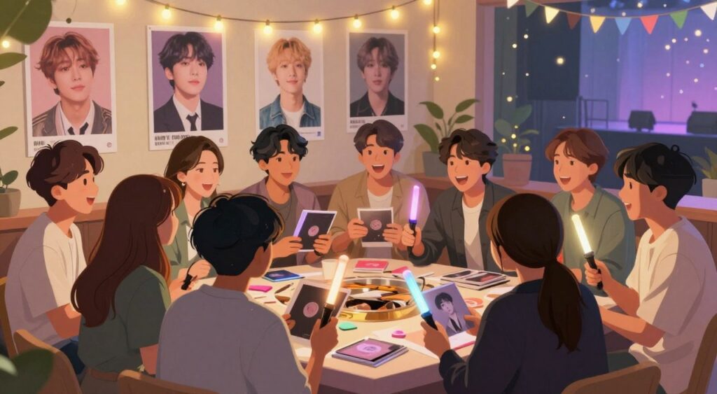 A vibrant and engaging illustration representing a step-by-step guide for new BTS fans integrating into the ARMY community. In the foreground, showcase a diverse group of enthusiastic fans, dressed in modest casual clothing, excitedly sharing BTS merchandise like lightsticks and albums. The middle ground should include posters of BTS members and a cozy, welcoming atmosphere with colorful decorations that symbolize the fandom's spirit. In the background, soft fairy lights twinkle, and a subtle hint of a concert stage appears, creating a festive, celebratory mood. Use warm, inviting lighting to enhance the sense of community and joy. The angle should be slightly elevated to capture the fun interaction among fans, conveying a feeling of unity and enthusiasm for music and friendship.