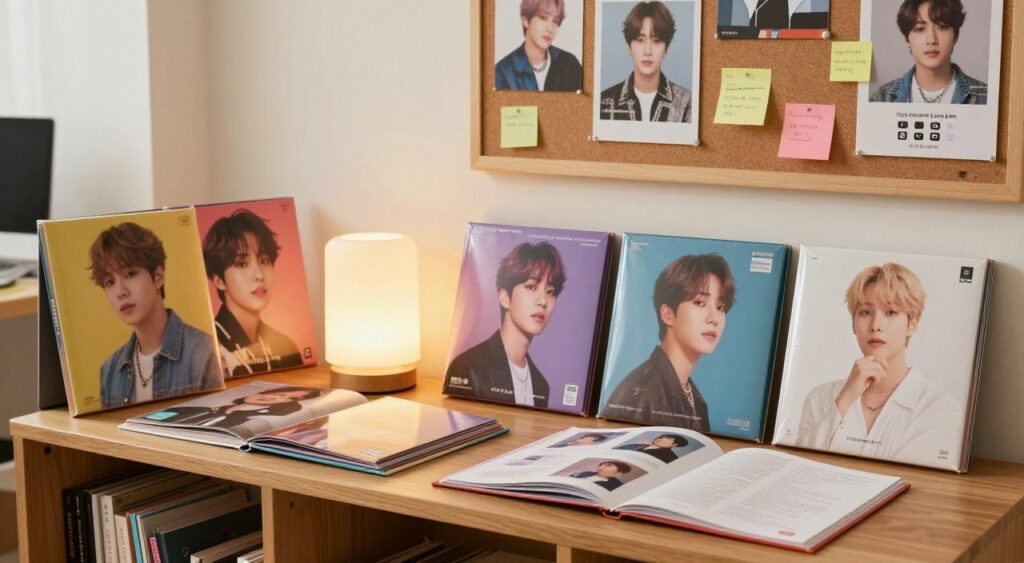 A vibrant and inviting collection of BTS albums displayed in an organized manner on a stylish, modern wooden shelf. In the foreground, several album covers featuring colorful artwork of the BTS members are prominently showcased, some opened to reveal their inner pages filled with photos and fan messages. The middle ground features a gently glowing lamp casting warm light over the albums, enhancing their colors and details. In the background, a cozy workspace is visible with a bulletin board pinned with fan art, post-it notes, and social media icons indicating a sense of community. The overall mood is friendly and inspiring, inviting viewers to share tips and experiences in collecting. Utilize soft focus for the background to emphasize the albums, with a slight angle to create depth in the image. A vibrant and inviting collection of BTS albums displayed in an organized manner on a stylish, modern wooden shelf. In the foreground, several album covers featuring colorful artwork of the BTS members are prominently showcased, some opened to reveal their inner pages filled with photos and fan messages. The middle ground features a gently glowing lamp casting warm light over the albums, enhancing their colors and details. In the background, a cozy workspace is visible with a bulletin board pinned with fan art, post-it notes, and social media icons indicating a sense of community. The overall mood is friendly and inspiring, inviting viewers to share tips and experiences in collecting. Utilize soft focus for the background to emphasize the albums, with a slight angle to create depth in the image.
