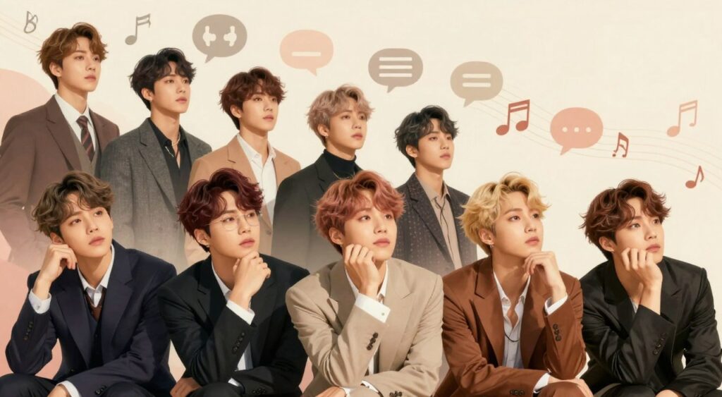 A vibrant, dynamic illustration depicting the evolution of BTS in music and social messages. In the foreground, showcase the seven members of BTS wearing stylish, professional attire, each in a thoughtful pose that reflects their commitment to social issues, like mental health and self-love. In the middle ground, create a gradual transition of their style from earlier music eras to their current image, represented through their outfits and expressions. In the background, incorporate symbolic elements like music notes, speech bubbles without text, and visual representations of social themes, such as peace and unity. Use warm, uplifting lighting to evoke a sense of hope and positivity, employing a slight tilt angle to create a sense of motion and progress. The overall mood should be inspiring and reflective, capturing the impact of BTS on both music and social change.