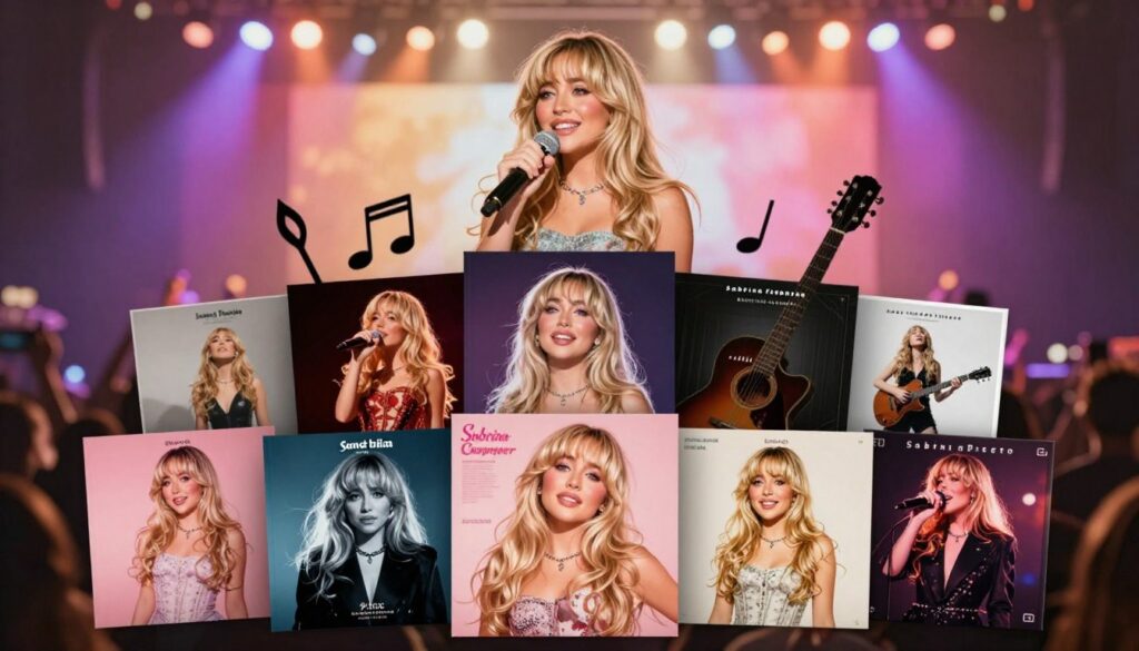 A visually striking album collage featuring the discography of Sabrina Carpenter. In the foreground, showcase vibrant album covers arranged dynamically, each with its unique design elements representing her music style. Next, in the middle layer, include silhouettes of musical notes and instruments, such as a guitar and microphone, subtly integrated to symbolize her artistic journey. The background should be a soft-focus concert scene with colorful stage lights, creating an energetic and inviting atmosphere, suggesting the excitement of her live performances. Use warm lighting to enhance the friendliness and vibrancy of the image, captured with a shallow depth of field to emphasize the album art in the foreground while giving a sense of depth. The overall mood should be uplifting and celebratory, reflecting Sabrina Carpenter's musical accomplishments.