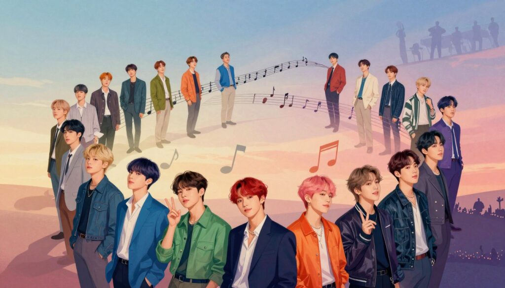 A visually striking album cover collage representing the complete discography of BTS, showcasing their musical evolution from 2013 to 2026. In the foreground, vivid illustrations of each album cover artistically arranged in a dynamic spiral, each with distinct color schemes reflecting their musical phases—from bright, youthful tones to deeper, more mature palettes. In the middle, abstract musical notes and symbols intertwine, symbolizing the journey through genres and styles. The background features a soft gradient transitioning from day to night, symbolizing the passage of time, with subtle silhouettes of iconic BTS concert scenes. The lighting is warm and inviting, casting gentle shadows to create depth. The overall mood is celebratory and nostalgic, capturing the essence of BTS's impact on the music landscape over the years.