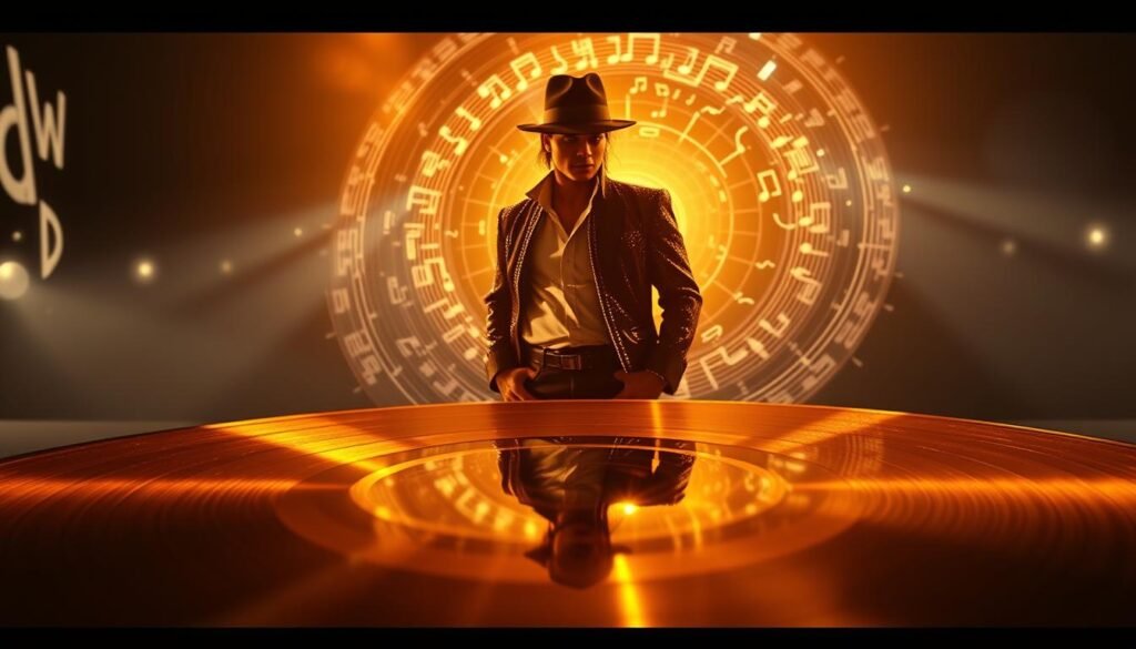 A cinematic tribute to Michael Jackson's musical legacy, showcasing his record-breaking achievements. In the foreground, a polished golden record album glistens under soft, dramatic lighting, reflecting an array of iconic images from his career, like the famous moonwalk. The middle ground features an ethereal, illuminated silhouette of Michael Jackson in his signature pose, dressed in a classic black fedora and sequined jacket, evoking a sense of history and nostalgia. In the background, a large, abstract representation of music notes and charts spirals, symbolizing his numerous awards and records. Enhanced with an 8k DSLR quality, the composition conveys a vibrant atmosphere rich in color and depth, focusing on the impact of his contributions to the world of music and entertainment. No text or watermarks present. A cinematic tribute to Michael Jackson's musical legacy, showcasing his record-breaking achievements. In the foreground, a polished golden record album glistens under soft, dramatic lighting, reflecting an array of iconic images from his career, like the famous moonwalk. The middle ground features an ethereal, illuminated silhouette of Michael Jackson in his signature pose, dressed in a classic black fedora and sequined jacket, evoking a sense of history and nostalgia. In the background, a large, abstract representation of music notes and charts spirals, symbolizing his numerous awards and records. Enhanced with an 8k DSLR quality, the composition conveys a vibrant atmosphere rich in color and depth, focusing on the impact of his contributions to the world of music and entertainment. No text or watermarks present.
