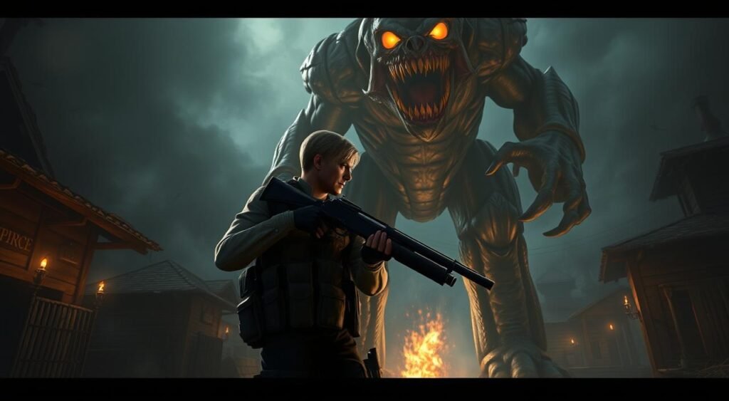 A detailed illustration showcasing the intense battles from "Resident Evil 4 Remake," focusing on iconic boss encounters. In the foreground, a well-equipped player character, clad in practical tactical gear, tightly gripping a shotgun, stands poised for action. The middle ground features a formidable boss monster, like El Gigante, towering menacingly with its grotesque form illuminated by dramatic, dynamic lighting. In the background, a dark, ruined village setting conveys an eerie atmosphere with flickering torches and foreboding shadows. Use a low-angle perspective to emphasize the scale of the boss, enhancing the tension of the scene. The overall mood is intense and suspenseful, capturing the essence of a thrilling survival horror experience. A detailed illustration showcasing the intense battles from "Resident Evil 4 Remake," focusing on iconic boss encounters. In the foreground, a well-equipped player character, clad in practical tactical gear, tightly gripping a shotgun, stands poised for action. The middle ground features a formidable boss monster, like El Gigante, towering menacingly with its grotesque form illuminated by dramatic, dynamic lighting. In the background, a dark, ruined village setting conveys an eerie atmosphere with flickering torches and foreboding shadows. Use a low-angle perspective to emphasize the scale of the boss, enhancing the tension of the scene. The overall mood is intense and suspenseful, capturing the essence of a thrilling survival horror experience.