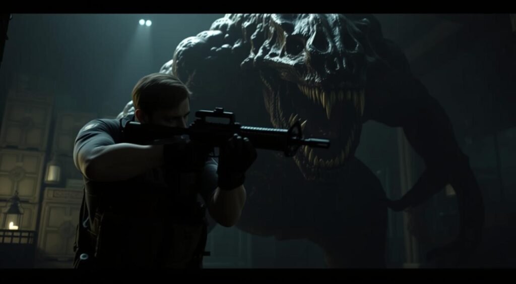 A dramatic scene from a Resident Evil 4 Remake boss fight, focusing on a protagonist character strategically navigating a tense encounter. In the foreground, show the protagonist, clad in professional tactical military attire, aiming a powerful weapon, with intense focus on their expression. In the middle ground, depict a massive, grotesque boss creature, showcasing its weaknesses, like exposed areas and dark, menacing features, evoking fear and urgency. The background features a shadowy, dimly-lit environment, filled with hints of survival horror elements, such as crates and dim lanterns. The lighting should cast dramatic shadows, creating a tense atmosphere, reminiscent of a high-stakes video game moment. Angle the scene to enhance dynamic action and intensity without including any text or overlays. A dramatic scene from a Resident Evil 4 Remake boss fight, focusing on a protagonist character strategically navigating a tense encounter. In the foreground, show the protagonist, clad in professional tactical military attire, aiming a powerful weapon, with intense focus on their expression. In the middle ground, depict a massive, grotesque boss creature, showcasing its weaknesses, like exposed areas and dark, menacing features, evoking fear and urgency. The background features a shadowy, dimly-lit environment, filled with hints of survival horror elements, such as crates and dim lanterns. The lighting should cast dramatic shadows, creating a tense atmosphere, reminiscent of a high-stakes video game moment. Angle the scene to enhance dynamic action and intensity without including any text or overlays.