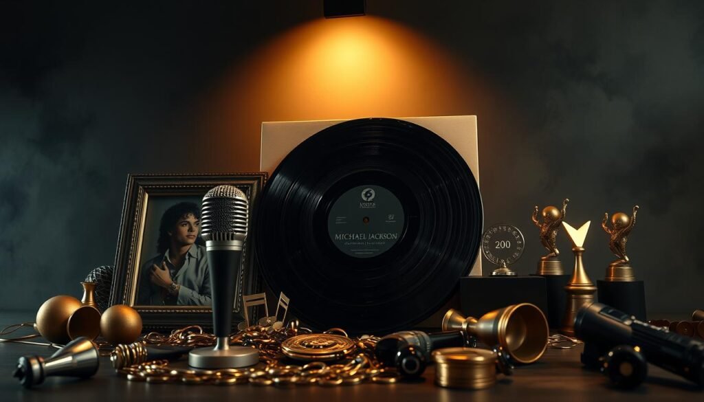 A dramatic still-life composition featuring a vinyl record of Michael Jackson’s iconic album, surrounded by various musical notes and symbols that represent both his artistic brilliance and controversies. In the foreground, a vintage microphone sits alongside a framed picture of Jackson in a classic pose, hinting at his legacy. The middle ground includes scattered awards and accolades, showcasing his impact on music. The background is softly illuminated by a spotlight, creating an atmospheric glow that enhances the emotional weight of the scene. Rich colors like gold and black dominate to convey a sense of reverence and complexity. The overall mood should evoke reflection and respect for his artistry amid the controversies, emphasizing the duality of his legacy. 8k DSLR, extreme photorealism, cinematic light. No text, no letters, no watermarks.