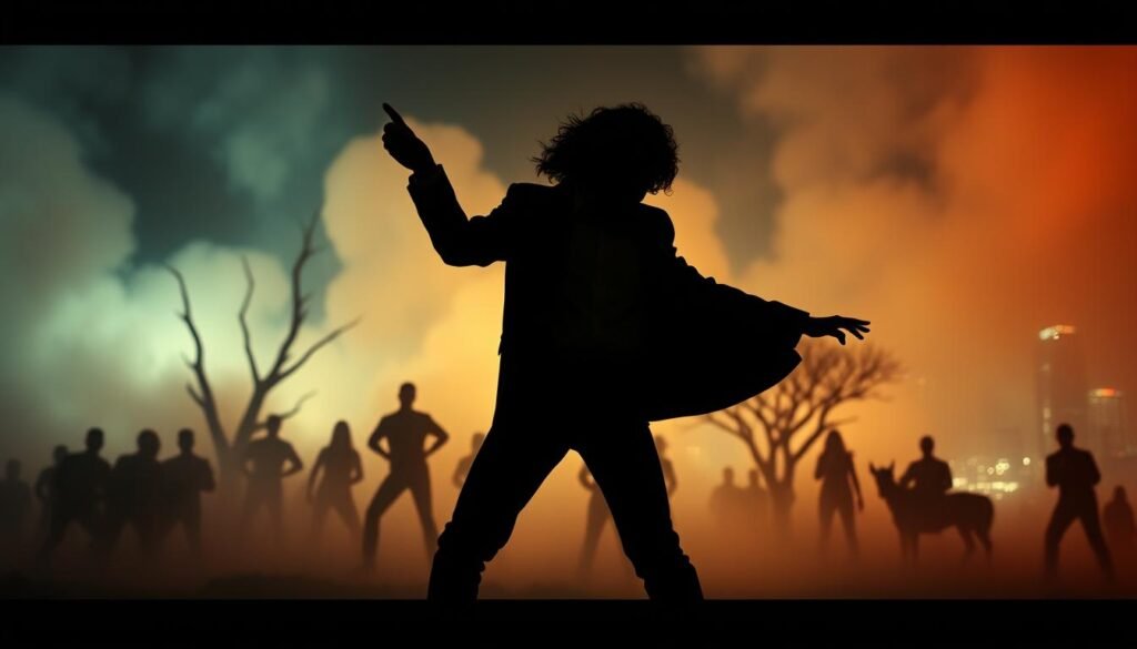 A dynamic and captivating scene illustrating the transformative impact of Michael Jackson's "Thriller" music video on film and television. In the foreground, a silhouetted figure in professional attire dances energetically, evoking the iconic movements from the "Thriller" choreography. The middle ground showcases a cinematic set with elements inspired by the music video—creepy trees and fog—bathed in a dramatic, moody light reminiscent of horror films. In the background, a blurred city skyline reflects the influence of the video on pop culture, hinting at its legacy in the entertainment industry. The composition should capture a sense of nostalgia and excitement, with an emphasis on extreme photorealism and vibrant, contrasting colors, using 8k DSLR quality lighting.