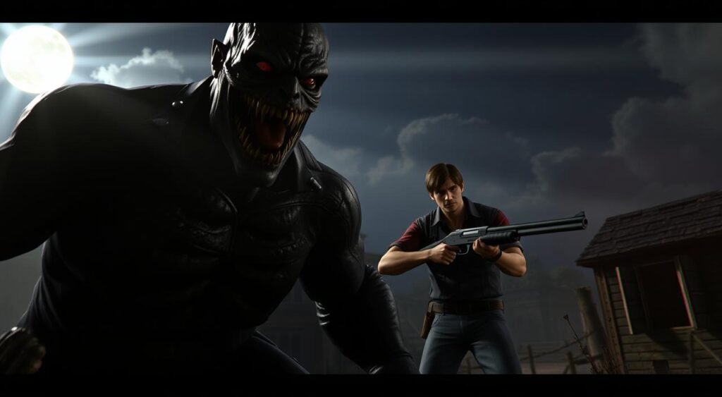 A dynamic scene illustrating the bosses from Resident Evil 4 Remake, focusing on the intense atmosphere of a boss battle. In the foreground, showcase a detailed, stylized depiction of a menacing boss character, like El Gigante or the Chainsaw Man, highlighting their unique features and grotesque qualities. The middle ground should include the protagonist, Leon S. Kennedy, dressed in his iconic outfit, ready for action, holding a shotgun with a determined expression. In the background, a partially ruined village setting, with ominous shadows and dim lighting that create tension. Rays of moonlight pierce through the clouds, casting an eerie glow over the scene. The overall mood should be suspenseful and thrilling, capturing the essence of a challenging boss encounter intertwined with strategic gameplay elements such as weapon recommendations and weaknesses. A dynamic scene illustrating the bosses from Resident Evil 4 Remake, focusing on the intense atmosphere of a boss battle. In the foreground, showcase a detailed, stylized depiction of a menacing boss character, like El Gigante or the Chainsaw Man, highlighting their unique features and grotesque qualities. The middle ground should include the protagonist, Leon S. Kennedy, dressed in his iconic outfit, ready for action, holding a shotgun with a determined expression. In the background, a partially ruined village setting, with ominous shadows and dim lighting that create tension. Rays of moonlight pierce through the clouds, casting an eerie glow over the scene. The overall mood should be suspenseful and thrilling, capturing the essence of a challenging boss encounter intertwined with strategic gameplay elements such as weapon recommendations and weaknesses.