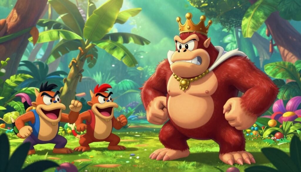 A dynamic scene showcasing the iconic villains from the Donkey Kong franchise, including King K. Rool, Donkey Kong's fierce rival, alongside the mischievous K. Rool's minions and the devious Tikis from Donkey Kong Country. In the foreground, King K. Rool stands menacingly, wearing his crown and cape, with a confident posture. The middle ground features the Tikis interacting with each other, displaying their playful yet sinister nature. The background depicts a vibrant, lush jungle environment filled with banana trees and colorful foliage. Soft, dappled sunlight filters through the treetops, creating an adventurous atmosphere. The image is captured with a wide-angle lens to emphasize the action and depth, inviting viewers to explore this villainous world.