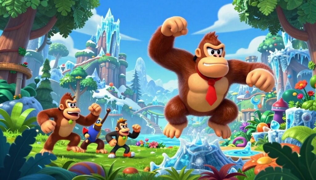A vibrant, action-packed scene from "Donkey Kong Country: Tropical Freeze," featuring Donkey Kong leaping through a colorful, frozen jungle filled with lush vegetation and icy structures. In the foreground, Donkey Kong, a muscular ape with a red tie, is mid-jump, showcasing his agile movements. In the middle ground, vibrant enemies and friends like Diddy Kong are in playful motion, emphasizing camaraderie and excitement. The background reveals a stunning, snowcapped landscape with towering trees and sparkling ice formations under a bright blue sky, capturing a joyful, adventurous atmosphere. The lighting is bright and cheerful, enhancing the whimsical feel of the world. The angle is dynamic, giving a sense of movement and depth, inviting viewers into the thrilling experience of the game.