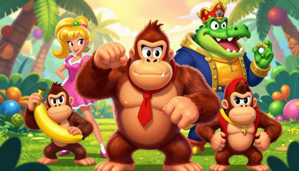 A vibrant and colorful scene featuring iconic characters from the Donkey Kong franchise. In the foreground, depict Donkey Kong, a muscular ape with a brown fur coat and a red tie, striking a playful pose. Beside him, portray Diddy Kong, a small, energetic monkey wearing a red cap and shirt, holding a banana. In the middle ground, include characters like Dixie Kong with her blonde ponytail and a pink dress, and K. Rool, the imposing crocodile in his royal attire. The background should be a lush jungle setting with palm trees and colorful foliage, bathed in warm sunlight that creates a cheerful atmosphere. Use a slightly elevated angle to capture the characters' distinct features and expressions, with a playful and adventurous mood throughout.