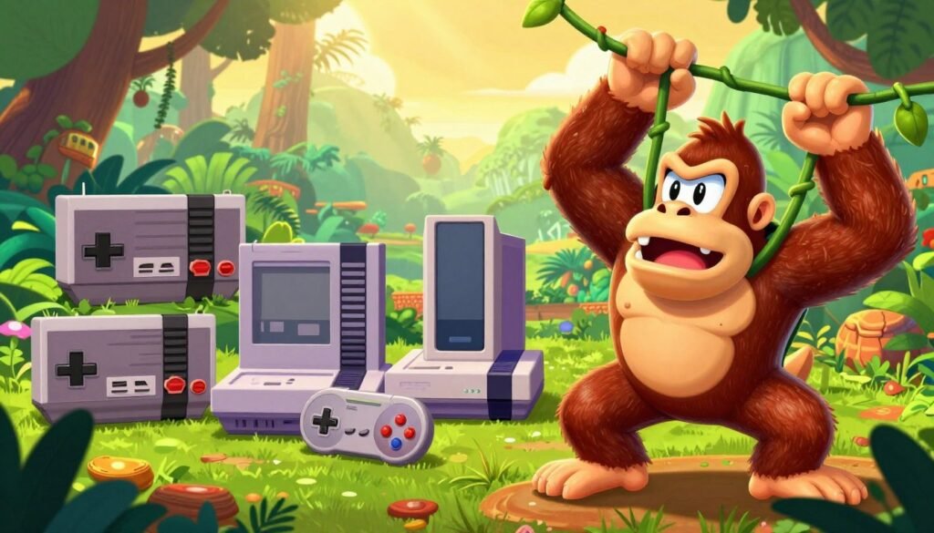 A vibrant and dynamic illustration showcasing the evolution of Donkey Kong across various gaming platforms and consoles. In the foreground, a stylized Donkey Kong character is depicted in action, swinging from a vine with a playful expression. The middle features a collage of iconic consoles like the NES, SNES, and modern consoles, creatively blended to illustrate the transition through gaming history. In the background, a lush jungle landscape represents the classic environments of the game, bathed in warm, golden sunlight. The scene captures a sense of nostalgia and excitement, evoking the spirit of adventure associated with the franchise. Use a wide-angle lens perspective to enhance depth, with crisp, vivid colors that bring the characters and consoles to life.