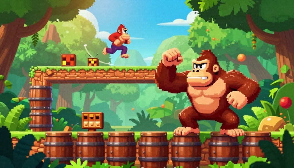A vibrant and dynamic scene capturing the gameplay mechanics of Donkey Kong, centered on an animated jungle setting. In the foreground, a pixelated Donkey Kong character, mid-action, is seen climbing a series of iconic barrels and platforms. The middle layer features classic gameplay elements like jumping, dodging obstacles, and collecting power-ups. A colorful background of lush green trees and a blue sky creates a nostalgic arcade atmosphere, illuminated by warm sunlight filtering through the canopy. The perspective is slightly tilted to give a sense of action and movement, as if the viewer is immersed in the gameplay itself. The overall mood is playful and energetic, reflecting the franchise's adventurous spirit without any text or overlays.