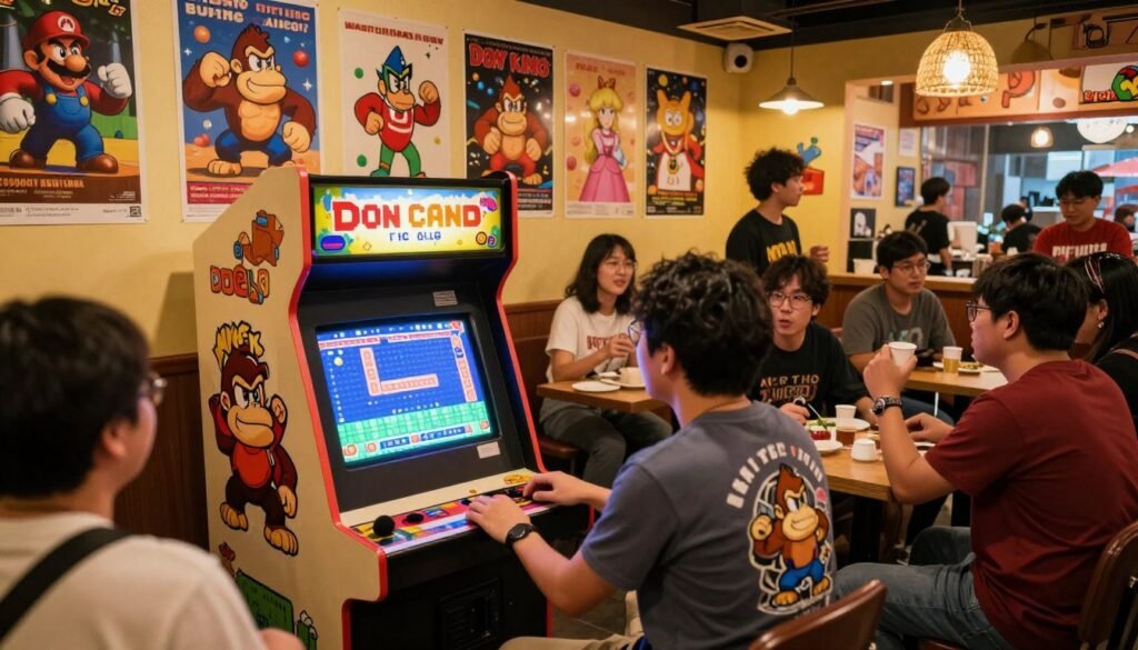 A vibrant and dynamic scene showcasing the cultural impact of Donkey Kong on pop culture. In the foreground, an iconic Donkey Kong arcade cabinet stands proudly, its screen illuminated with pixelated graphics of the game. Surrounding the cabinet, diverse groups of people from various generations are engaged and animated, some wearing nostalgic video game merchandise. In the middle ground, posters and memorabilia featuring Donkey Kong and related characters like Mario and Princess Peach adorn the walls, creating a feeling of nostalgia. The background reveals a cafe with warm lighting and playful decorations inspired by the game, emphasizing a lively atmosphere. Use a wide-angle lens for an immersive perspective, with soft focus on the edges, capturing the joyful and entertaining vibe of a vibrant gaming culture.
