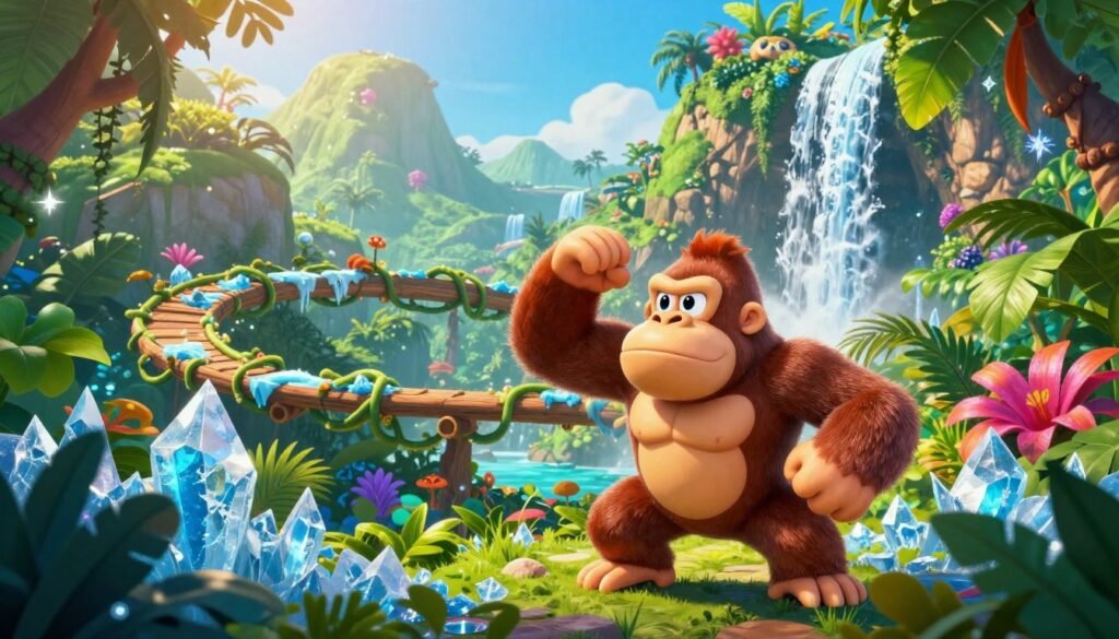 A vibrant and immersive jungle landscape inspired by "Donkey Kong Tropical Freeze." In the foreground, a friendly, cartoonish gorilla character resembling Donkey Kong poses energetically, surrounded by colorful tropical foliage and ice elements blending harmoniously. In the middle ground, a stylized platform made of wooden vines stretches across, with icy patches glistening under the sun. The background features lush green hills, a cascading waterfall, and sparkling ice crystals catching the light. The scene is bathed in warm sunlight with a slight blue hue, creating a magical atmosphere. Captured at a dynamic angle, this image evokes a sense of adventure and excitement, showcasing the contrasting themes of a tropical paradise and a wintry wonderland.