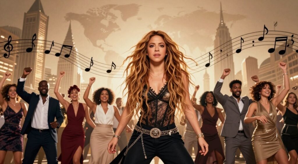 A vibrant collage capturing the cultural impact of Shakira's empowering messages through her music. In the foreground, depict diverse people of various ethnicities, dressed in professional attire, joyfully dancing and celebrating together, symbolizing community and unity. In the middle ground, include musical notes that flow around them, signifying the melody of hope and resilience found in Shakira's songs. The background features an abstract representation of iconic global landmarks, illuminated softly in warm, inviting light, conveying a sense of connection and global reach. Use a warm color palette to evoke feelings of optimism and strength, while a dynamic angle enhances the sense of movement and celebration. The overall atmosphere radiates joy and empowerment, focusing on the positive influence of music in overcoming challenges. A vibrant collage capturing the cultural impact of Shakira's empowering messages through her music. In the foreground, depict diverse people of various ethnicities, dressed in professional attire, joyfully dancing and celebrating together, symbolizing community and unity. In the middle ground, include musical notes that flow around them, signifying the melody of hope and resilience found in Shakira's songs. The background features an abstract representation of iconic global landmarks, illuminated softly in warm, inviting light, conveying a sense of connection and global reach. Use a warm color palette to evoke feelings of optimism and strength, while a dynamic angle enhances the sense of movement and celebration. The overall atmosphere radiates joy and empowerment, focusing on the positive influence of music in overcoming challenges.