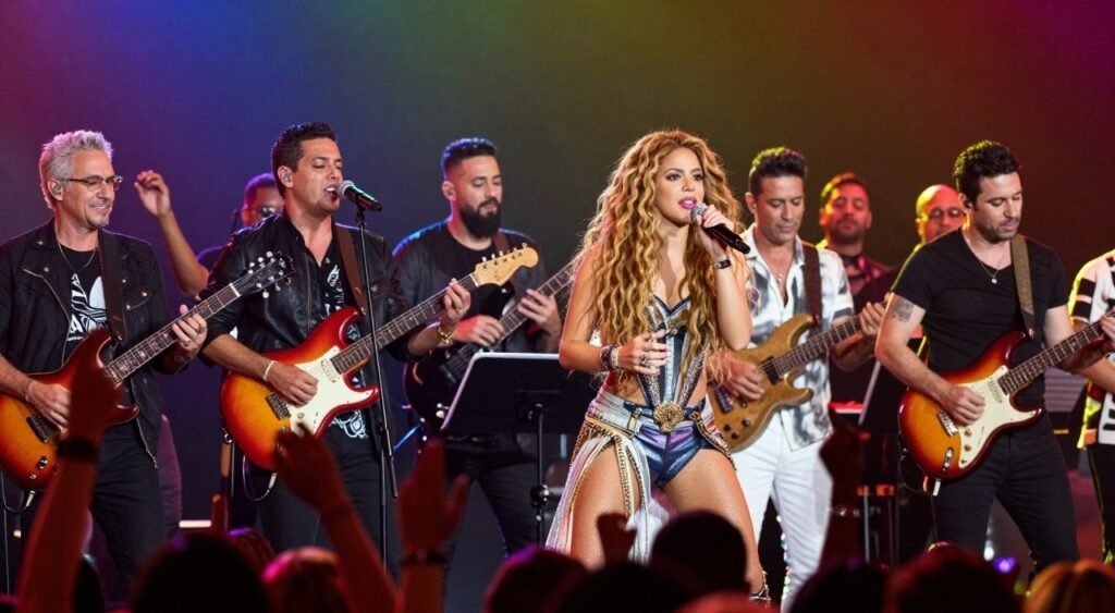 A vibrant concert scene showcasing Shakira performing on stage, surrounded by a diverse group of musicians collaborating in an electrifying atmosphere. In the foreground, Shakira is wearing a stunning, stylish outfit, exuding confidence and passion as she sings. The middle ground features talented artists playing various instruments, creating a harmonious blend of sound. The background is illuminated by colorful stage lights, casting a dynamic glow over the crowd, which is dancing and celebrating the music. Capture the energy with a dynamic angle that emphasizes the excitement of the performance, using bright and warm lighting to evoke a joyful mood. The overall atmosphere should reflect the thrilling essence of Shakira's memorable collaborations and duets without any text or signatures. A vibrant concert scene showcasing Shakira performing on stage, surrounded by a diverse group of musicians collaborating in an electrifying atmosphere. In the foreground, Shakira is wearing a stunning, stylish outfit, exuding confidence and passion as she sings. The middle ground features talented artists playing various instruments, creating a harmonious blend of sound. The background is illuminated by colorful stage lights, casting a dynamic glow over the crowd, which is dancing and celebrating the music. Capture the energy with a dynamic angle that emphasizes the excitement of the performance, using bright and warm lighting to evoke a joyful mood. The overall atmosphere should reflect the thrilling essence of Shakira's memorable collaborations and duets without any text or signatures.