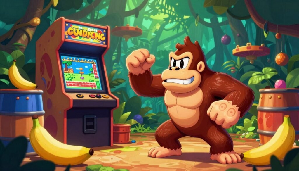 A vibrant, detailed illustration showcasing key elements from the "Donkey Kong" game series. In the foreground, depict Donkey Kong in a playful pose, surrounded by iconic items like barrels and bananas. In the middle ground, include a nostalgic arcade cabinet displaying classic gameplay scenes and platforms. The background should feature a lush jungle with dense foliage, hinting at the adventurous settings of various titles while capturing a sense of depth. Illuminate the scene with warm, dynamic lighting, reminiscent of a retro arcade ambiance, while employing a slight fisheye lens effect to create a sense of immersion. Capture a fun, energetic atmosphere that reflects the joy and excitement of playing Donkey Kong games, emphasizing their rich history and evolution.