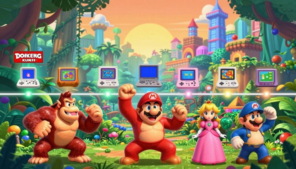 A vibrant, illustrative timeline showcasing the evolution of the Donkey Kong franchise. In the foreground, depict iconic characters such as Donkey Kong, Mario, and Princess Peach in dynamic poses representing key moments from various games. The middle layer features various game consoles and platforms that hosted the franchise, each highlighted with glowing accents to signify their importance. In the background, an expansive jungle jungle scene transitions into 3D cityscape elements, symbolizing the game's evolution from retro to modern times. Use warm, inviting lighting to evoke nostalgia, with a balanced composition capturing the fun, adventurous spirit of the franchise. The scene should be rich in color, with a whimsical ambiance that draws viewers into the history of Donkey Kong, while maintaining clarity and focus on the main elements.