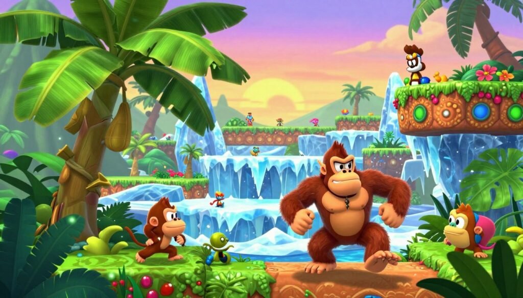 A vibrant scene depicting gameplay from "Donkey Kong Country: Tropical Freeze." In the foreground, Donkey Kong and Diddy Kong are navigating a colorful jungle environment filled with tropical plants and whimsical enemies. They are leaping from a large banana tree towards a high platform with vibrant, animated textures. The middle ground features an action-packed level with an icy landscape to capture the game's unique themes, showcasing ice and snow elements blending with the lush jungle. The background reveals a sunset sky casting warm hues over the landscape. Soft lighting enhances the dynamic atmosphere, while a slight camera angle emphasizes the characters' motion and excitement, encapsulating the adventurous spirit of the gameplay experience.