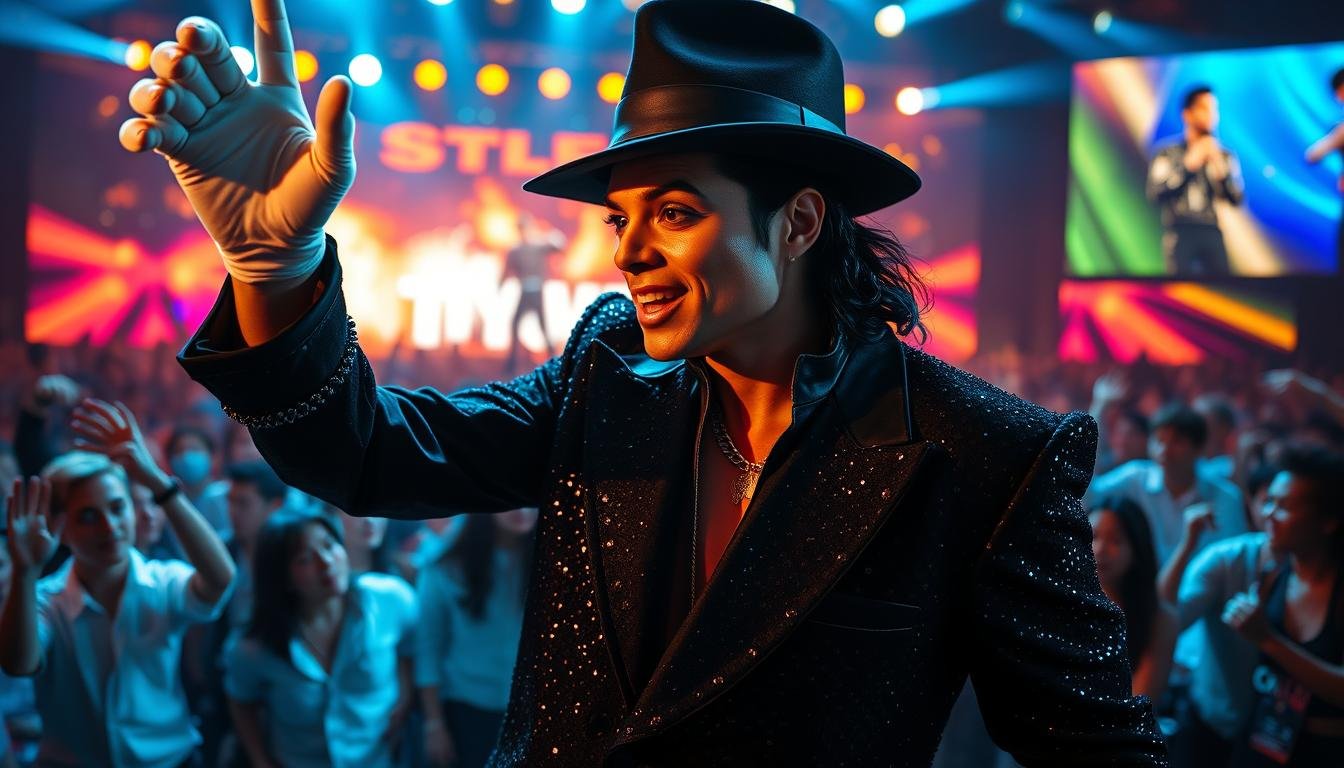 Homem semelhante a Michael Jackson sorrindo no palco durante um show, vestindo jaqueta preta com brilhos, chapéu escuro e uma luva branca na mão direita erguida. Ao fundo, luzes de palco coloridas e uma multidão de fãs desfocada. A cena de apresentação ao vivo ilustra o artigo O Legado de Michael Jackson: O Guia Definitivo do Rei do Pop.