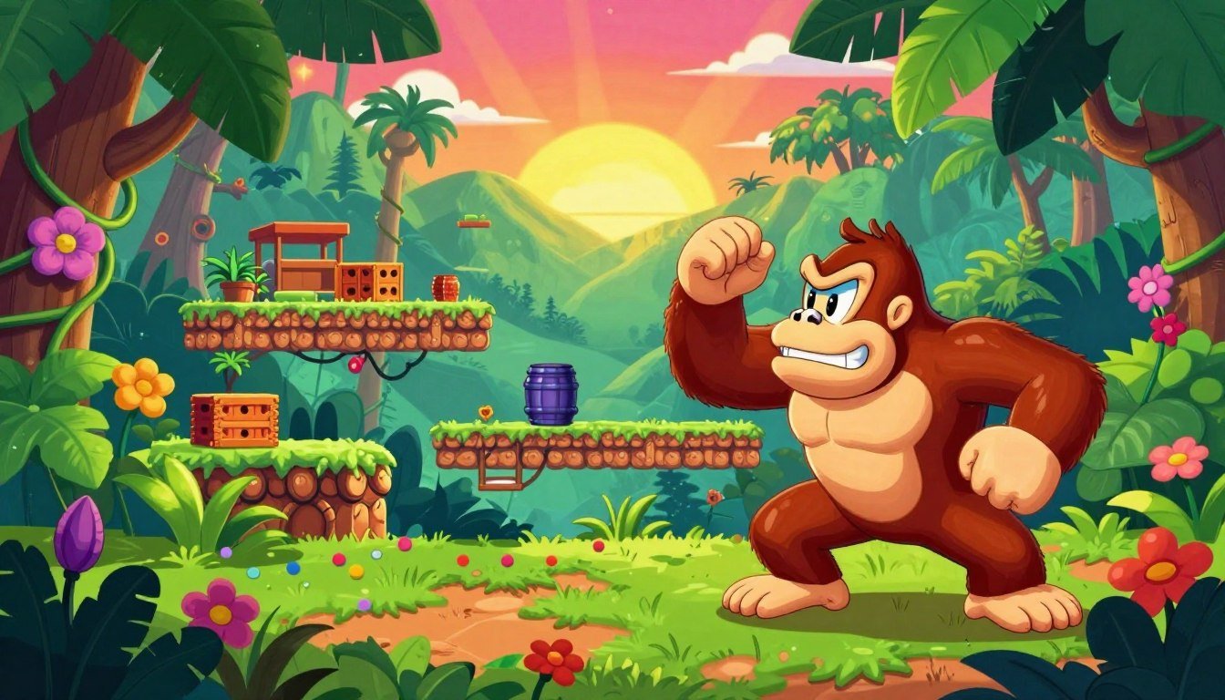 Donkey Kong e Diddy Kong em pose heroica na recriação de uma fase de selva clássica de Donkey Kong Country do Super Nintendo. Uma ilustração visual detalhada para análise sobre por que este clássico do SNES ainda é perfeito.
