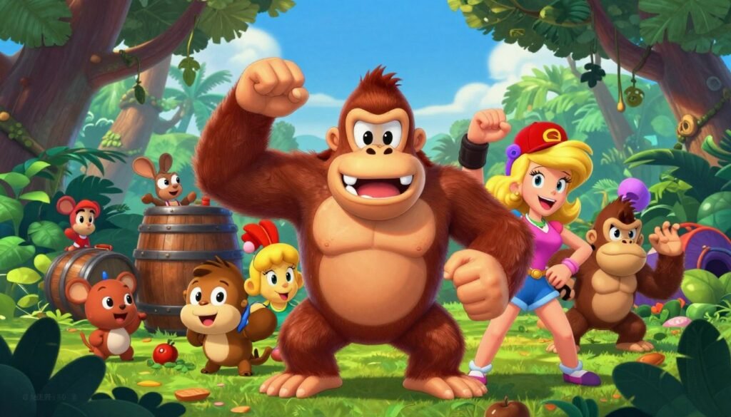 Gorila marrom grande e sorridente no centro de uma floresta iluminada, com um dos braços erguidos. Ao redor dele, uma garota loira em estilo cartoon usando boné vermelho e camisa rosa, além de macacos menores e pequenos animais animados interagindo perto de um barril de madeira. A arte digital da família Donkey Kong ilustra o artigo Família Kong Explicada: Quem É Quem em Donkey Kong?