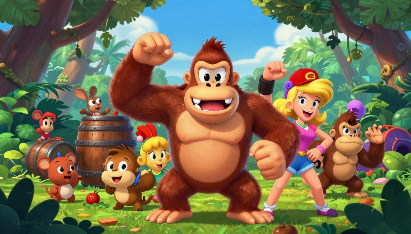 Gorila marrom grande e sorridente no centro de uma floresta iluminada, com um dos braços erguidos. Ao redor dele, uma garota loira em estilo cartoon usando boné vermelho e camisa rosa, além de macacos menores e pequenos animais animados interagindo perto de um barril de madeira. A arte digital da família Donkey Kong ilustra o artigo Família Kong Explicada: Quem É Quem em Donkey Kong?