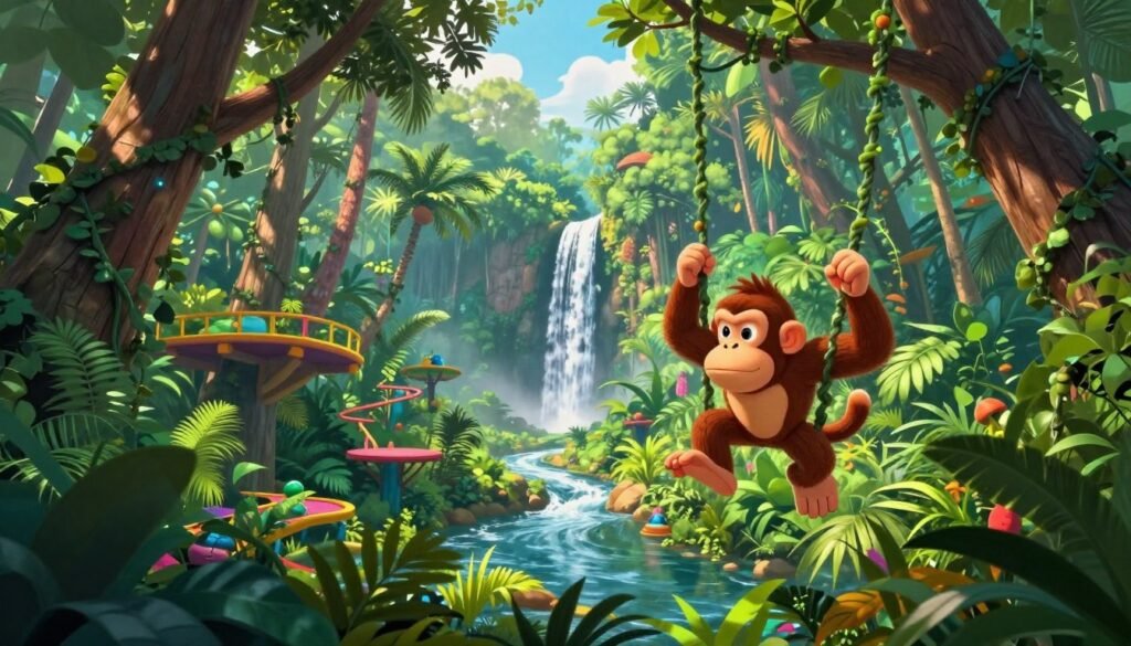 Donkey Kong e Diddy Kong explorando uma floresta densa e tropical, ilustrando um guia sobre como achar todos os atalhos e segredos escondidos em Donkey Kong Country.