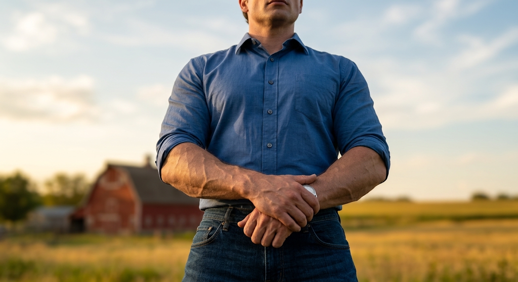 Curiosidades sobre Smallville: 10 Segredos dos Bastidores que Todo Fã Precisa Saber 3 Detalhe dos braços musculosos de clark kent tom welling usando camisa azul em uma fazenda com celeiro vermelho, destacando a evolução física do personagem.