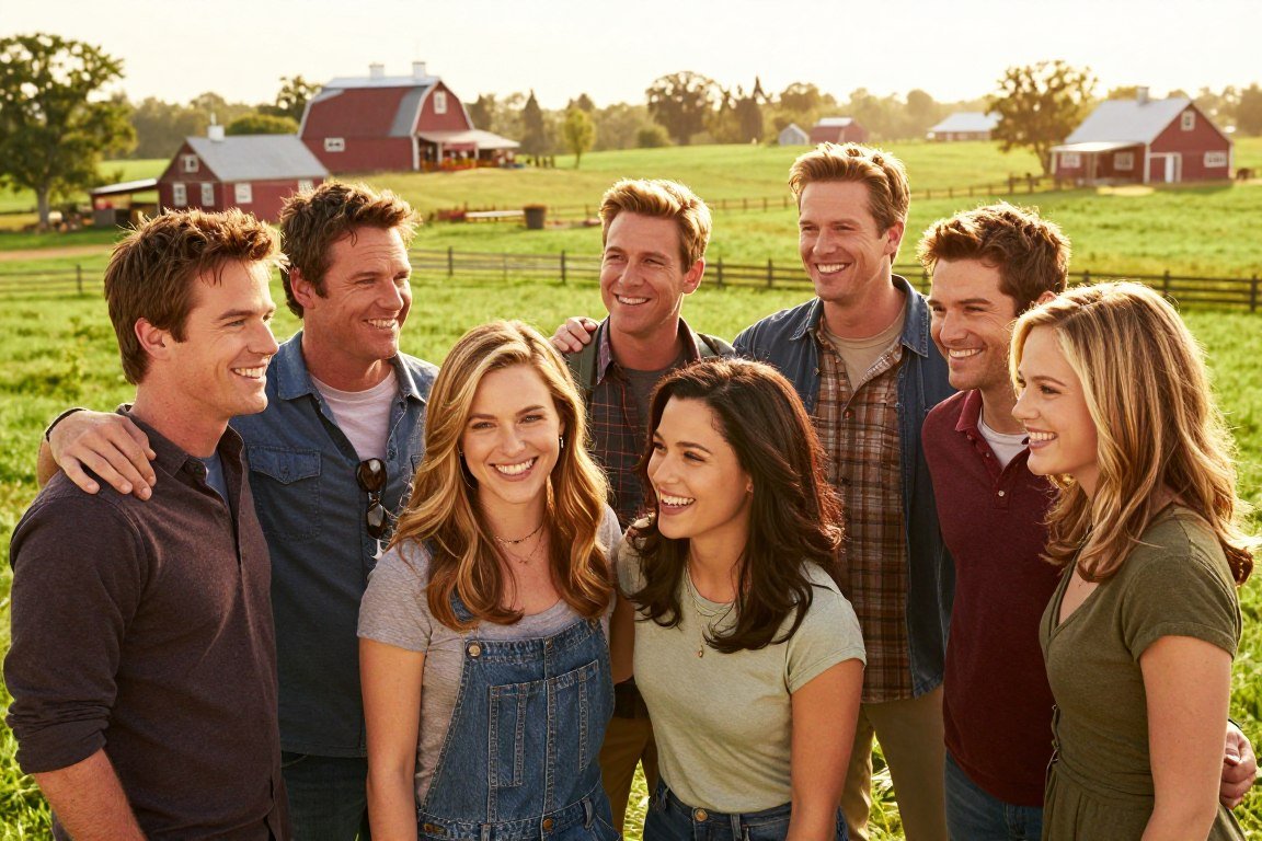 Por Que o Clark Kent de Tom Welling é Insuperável 4 Grupo de amigos sorrindo reunidos em uma fazenda ensolarada, imagem fotorrealista representando a forte união do elenco de Smallville e as relações humanas que moldaram a história de Clark Kent.