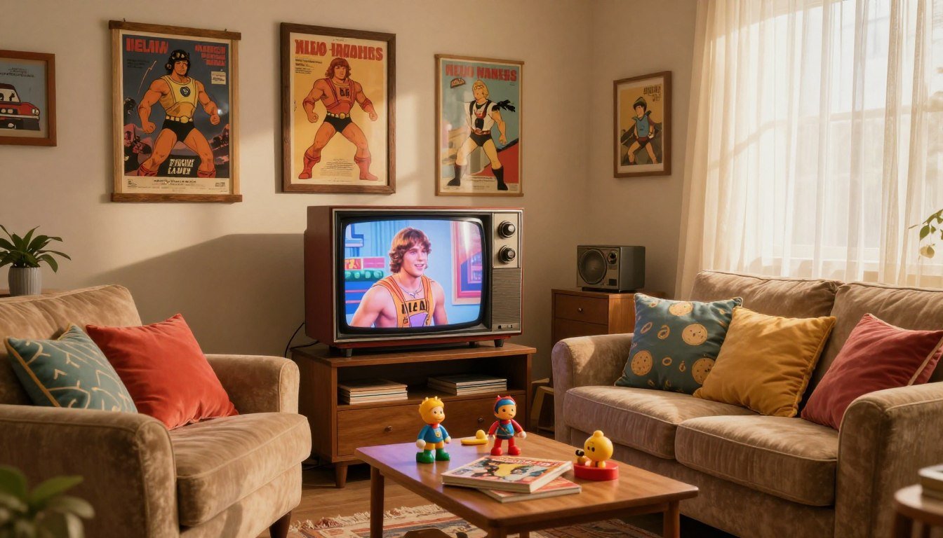 Segredos do Desenho Animado He-Man Anos 80 3 Sala de estar retro com decoração nostálgica dos anos 80, destacando pôsteres na parede e uma TV de tubo antiga exibindo imagens de época, remetendo ao impacto cultural do desenho animado He-Man anos 80.