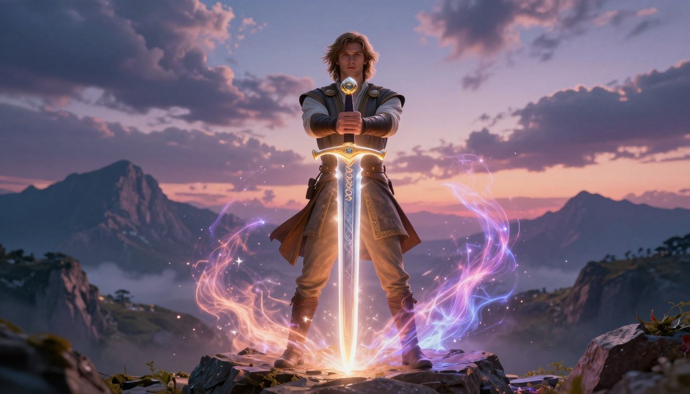 Segredos do Desenho Animado He-Man Anos 80 4 Representação realista do Príncipe Adam empunhando a Espada do Poder em Eternia sob um céu de fim de tarde, remetendo à icônica transformação do herói no desenho animado He-Man anos 80.