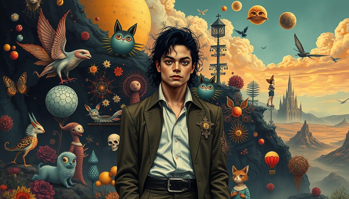 No centro, um homem com cabelo escuro e ondulado veste um terno verde-oliva sobre uma camisa clara. Ele está cercado por uma colagem surreal e detalhada de elementos flutuantes: pequenos animais curiosos, esferas texturizadas, engrenagens, flores, um balão de ar quente e a silhueta de um castelo ao fundo sob um céu nublado ao pôr do sol. A arte digital com atmosfera de fantasia ilustra o artigo Muito Além de Thriller: A Genialidade Oculta no Álbum Dangerous.