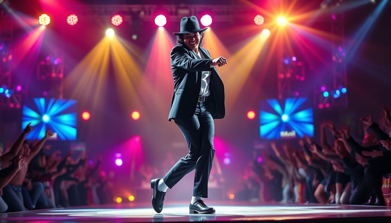 Homem vestido com terno preto, camisa branca, chapéu escuro, sapatos pretos e meias brancas realizando um passo de dança em um palco. Ele está apoiado nas pontas dos pés sob luzes de holofotes coloridos em tons de rosa, amarelo e azul. Ao fundo, uma plateia desfocada com os braços levantados. A fotografia de show ao vivo ilustra o artigo Os 7 Passos de Dança de Michael Jackson que Desafiaram a Gravidade.