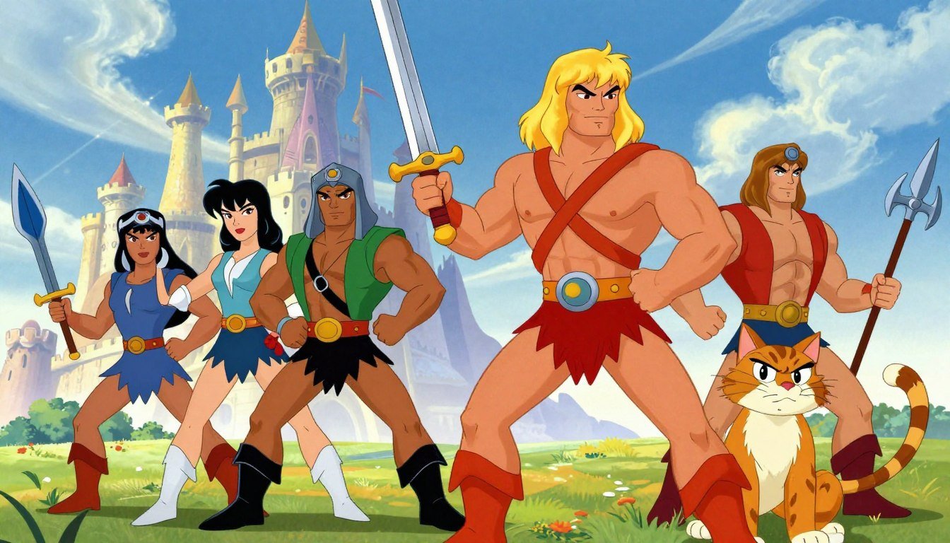 Os heróis do desenho animado He-Man anos 80, com a espada do poder, reunidos em frente ao Castelo de Grayskull.